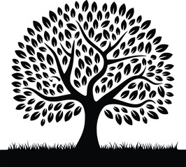 Black and white bold vector of a leafy tree, isolated on white background.