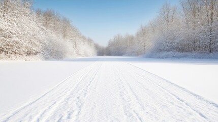 Obraz premium Winter wonderland. Frozen trail through snow-covered forest. Sunlight illuminates the pristine white landscape