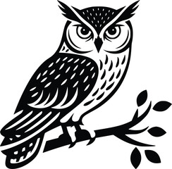 Black and white bold vector of a owl sitting on branch, isolated on white background.