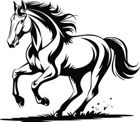 Black and white bold vector of a running horse, isolated on white background.