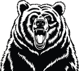 Black and white bold vector of a roaring bear, isolated on white background.