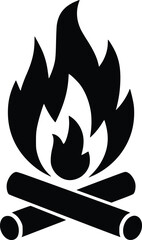 Black and white bold vector of a campfire, isolated on white background.