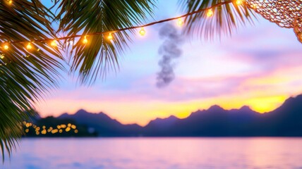 Warm Tropical Sunset Over Ocean with Palm Trees and String Lights