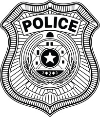 Black and white bold vector of a police badge, isolated on white background.