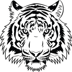 Black and white bold vector of a wild tiger, isolated on white background.