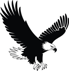 Black and white bold vector of a flying eagle, isolated on white background.