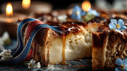 Traditional Slovenian potica cake with festive ribbons, glowing candlelight, alpine wildflowers; celebrating national pride and heritage.