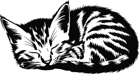 Black and white bold vector of a sleeping kitten, isolated on white background.