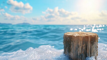 Wooden Stump Ocean Beach Summer Seascape
