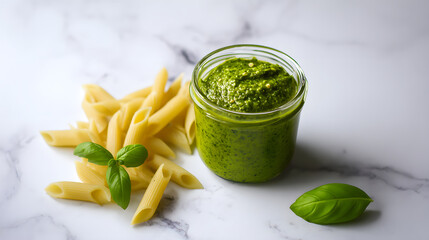 Penne pasta artfully arranged beside a small glass jar of vibrant green pesto sauce, Italian food