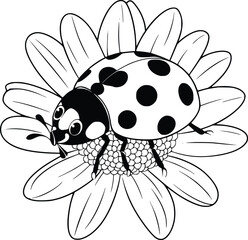 Black and white bold vector of a ladybug on flower, isolated on white background.