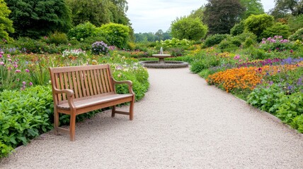 Wooden Bench in a Colorful Garden Path