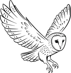 Black and white bold vector of a barn owl in flight, isolated on white background.