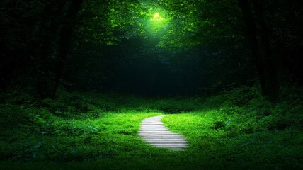 A Path Through a Lush Green Woodland at Night