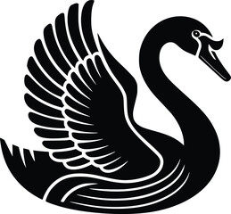 Black and white bold vector of a swan gliding, isolated on white background.