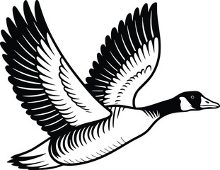 Black and white bold vector of a goose flying, isolated on white background.