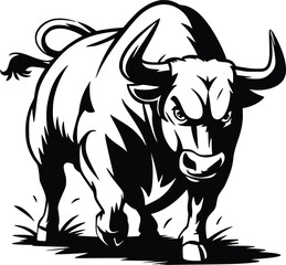 Black and white bold vector of a bull charging, isolated on white background.