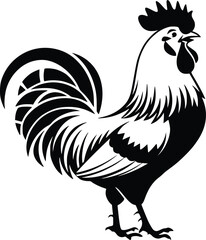 Black and white bold vector of a rooster crowing, isolated on white background.