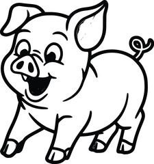 Black and white bold vector of a piglet playing, isolated on white background.
