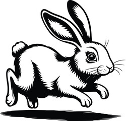 Black and white bold vector of a rabbit hopping, isolated on white background.