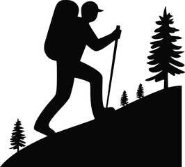 Black and white bold vector of a hiker on trail, isolated on white background.
