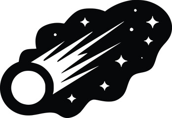 Black and white bold vector of a comet in night sky, isolated on white background.