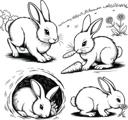 Bold black and white hand-drawn illustrations of 4 bunnies doodling hopping through gardens, munching carrots, hiding in burrows, and sniffing flowers, isolated on white.