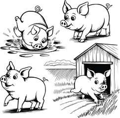 Bold black and white hand-drawn illustrations of 4 pigs doodling rolling in mud, oinking happily, running through fields, and resting in barns, isolated on white.