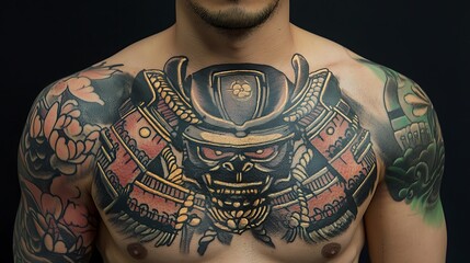 A man with a tattoo of a samurai warrior on his chest