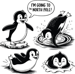 Bold black and white hand-drawn illustrations of 4 funny penguins doodling waddling on ice, diving into water, sliding on bellies, and resting on snow, isolated on white.