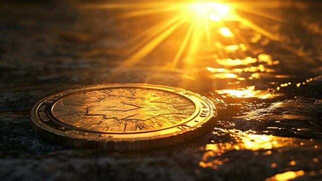 Golden coin on wet ground, sunlit.