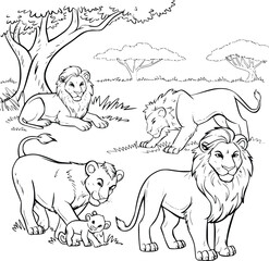 Bold black and white hand-drawn illustrations of 4 cute lions doodling resting under trees, hunting in the savanna, and playing with cubs, isolated on white.