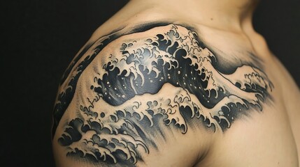 A man has a tattoo of a wave on his arm