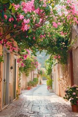 Fototapeta na wymiar Quiet narrow cobblestone street lined with old stone buildings and vibrant pink flowering trees creating a peaceful and charming atmosphere in a sunny village setting