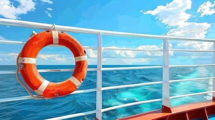 view from a ship deck railing with an orange lifebuoy overlooking calm blue ocean waters under a bright sky with scattered white clouds, evoking a peaceful and refreshing atmosphere