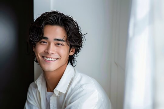 young man with curly dark hair wearing a white shirt sitting indoors near a bright window with white curtains in a softly lit room