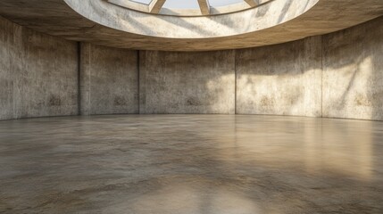 Empty concrete room with a circular skylight casting shadows on the floor.