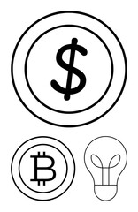 Dollar symbol, Bitcoin insignia, and stylized lightbulb emphasizing financial growth, innovation, and cryptocurrency. Ideal for fintech, investment, economy, blockchain creative ideas technology