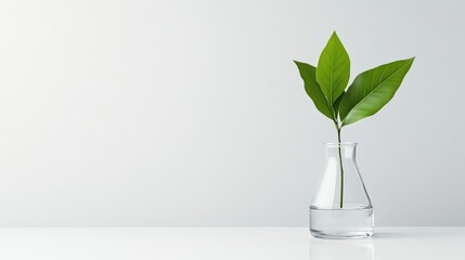 A single green leaf sprouting from a clear glass beaker on a white surface, minimalist composition with soft lighting, and science and nature concept.