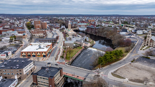 Pawtucket RI, USA - April 5, 2025:  Aerial view of downtown Pawtucket and the surrounding area.

