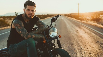 A man with tattoos on his arms sits on a motorcycle