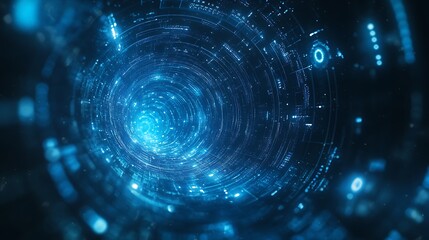 Futuristic digital tunnel with glowing blue lights and data patterns