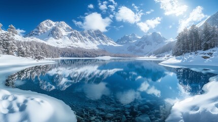 Obraz premium Alps winter wonderland with snowy peaks reflecting in mountain lake, sunny blue sky with clouds