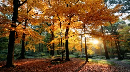 Fototapeta premium Autumn forest path bathed in golden sunlight. Possible use Nature photography