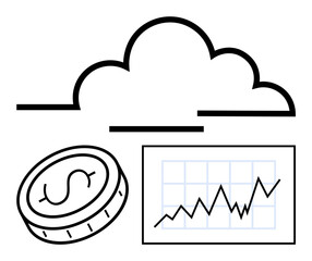 Cloud above coin and rising graph showcasing finance, analytics, technology, economy, investment, growth. Ideal for startup, fintech, cloud computing business growth technology management economy