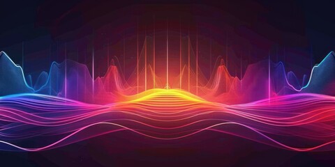 colorful vibrant digital waveform or soundwave with glowing neon lines and peaks creating a dynamic and energetic visual effect