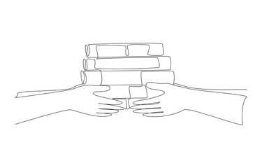 Continuous one line drawing of hands of two people holding pile of books together, sharing knowledge concept, single line art