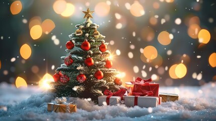 small decorated christmas tree with red ornaments and golden star on top surrounded by snow and wrapped gifts with red ribbons glowing warmly in festive atmosphere