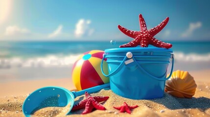 colorful beach scene with sand toys including a blue bucket, a shovel, a beach ball, and bright red starfish on warm sand near the ocean under a sunny sky