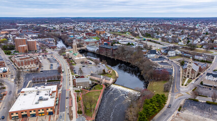 Pawtucket RI, USA - April 5, 2025:  Aerial view of downtown Pawtucket and the surrounding area.
